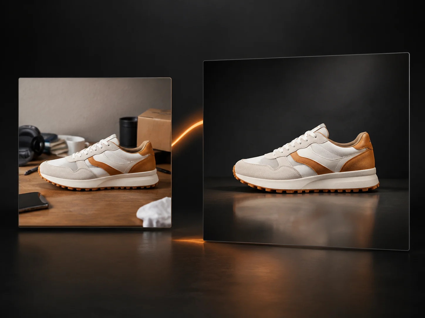 AI image editing example showing a cluttered sneaker photo transformed into a clean studio product image